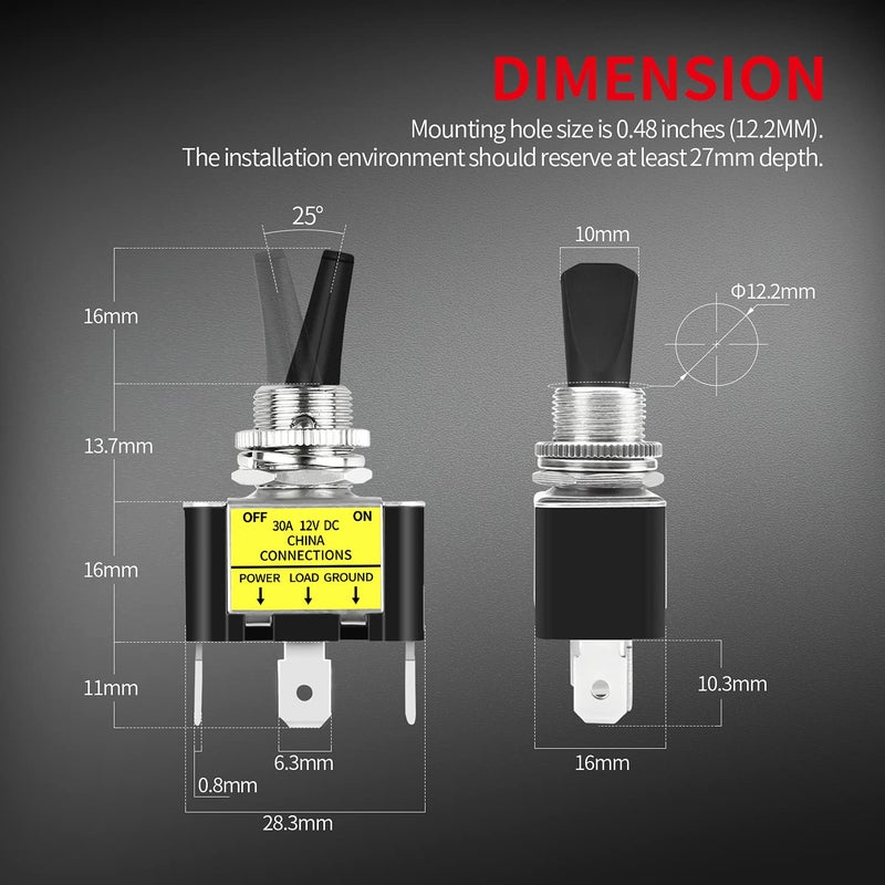 DaierTek 30 Amp Heavy Duty DC Toggle Switch, 12V 30A Lighted Toggle Switch with Red LED 12 Volt for Automotive Car Truck Vehicle UTV -2pcs - Image 4